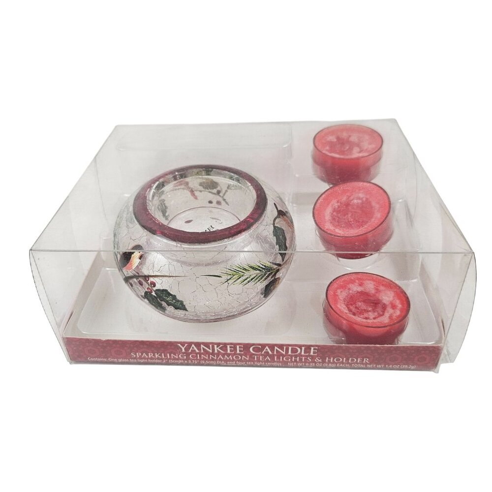 Yankee Candle Sparkling Cinnamon Tea Lights Holder Set Glass Christmas Holiday